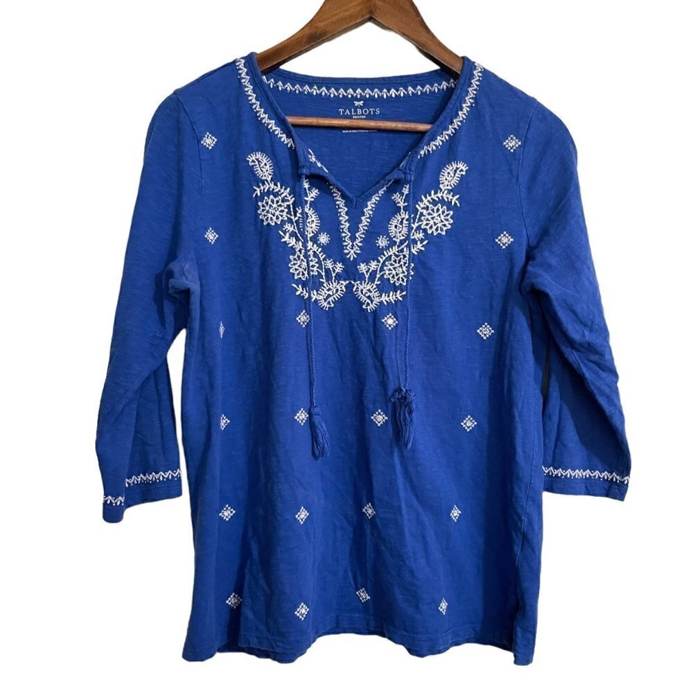Talbots Womens Blue Floral Embroidered Tassel Tie Bohemian 3/4 Blouse Medium P